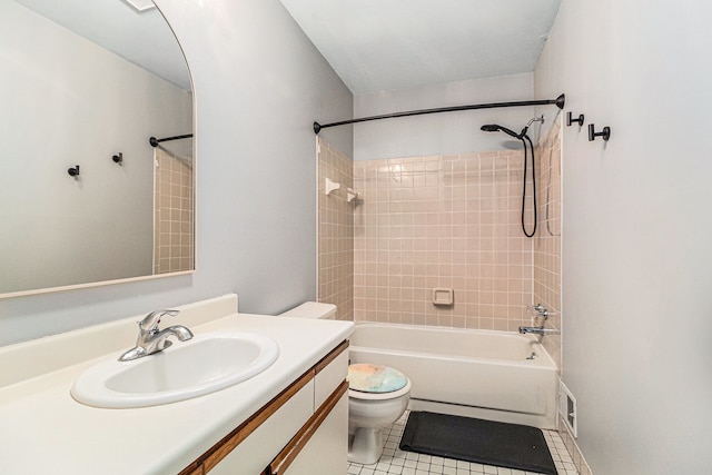 full bath with toilet, shower / bath combination, visible vents, vanity, and tile patterned floors