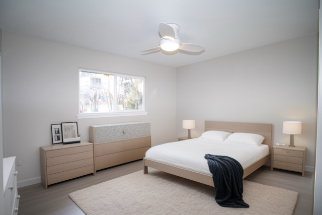 bedroom with ceiling fan, light wood-style flooring, and baseboards