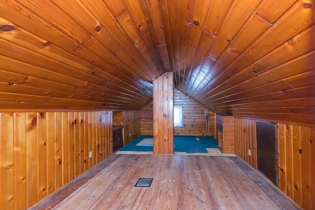 additional living space with lofted ceiling, wood-type flooring, wooden ceiling, and wooden walls