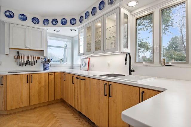 kitchen featuring a sink, glass insert cabinets, plenty of natural light, and light countertops