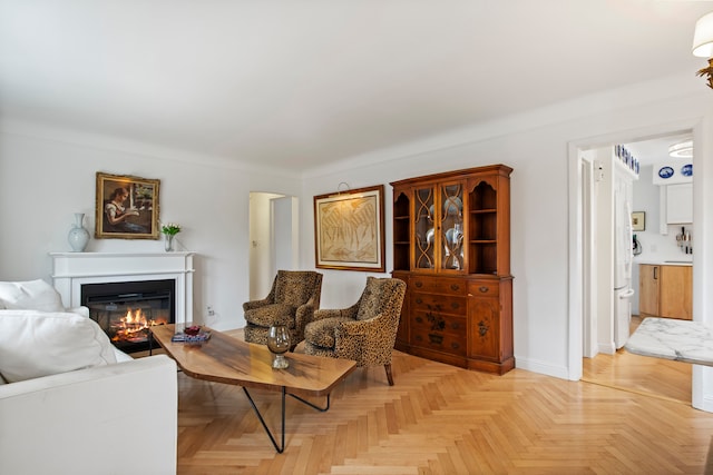 living area with baseboards and a glass covered fireplace