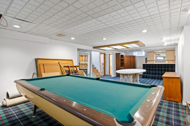 game room featuring pool table and carpet floors