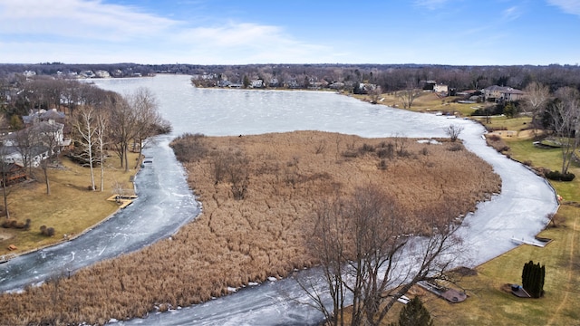 birds eye view of property featuring a water view