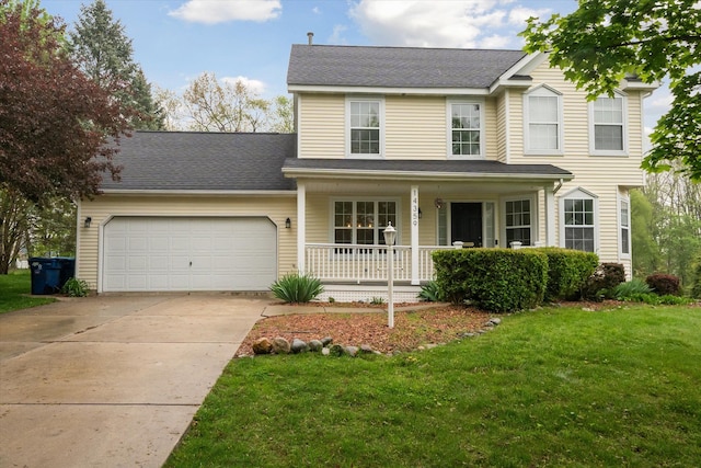 view of front of property with driveway, a porch, roof with shingles, an attached garage, and a front lawn