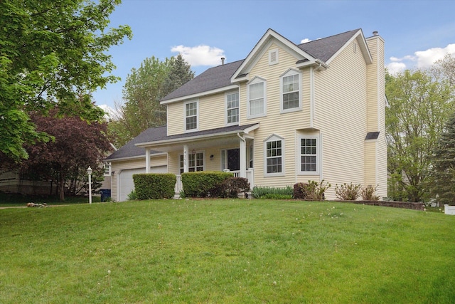 view of front facade featuring a garage, a chimney, and a front yard