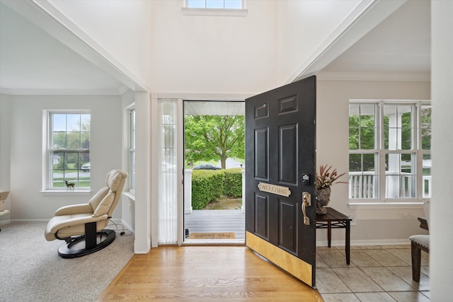 foyer entrance featuring baseboards, wood finished floors, and crown molding