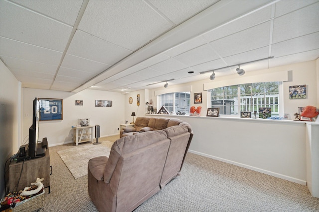 living area with carpet, baseboards, and a drop ceiling