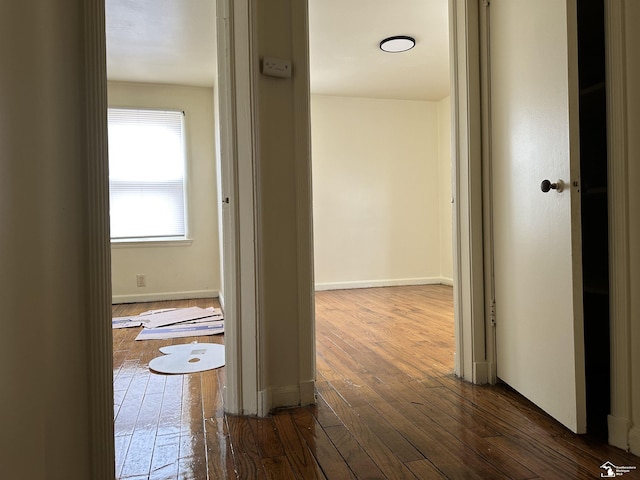 hallway with dark wood finished floors and baseboards