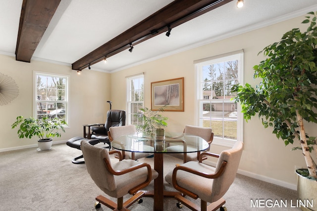 dining room featuring beamed ceiling, carpet flooring, and a wealth of natural light