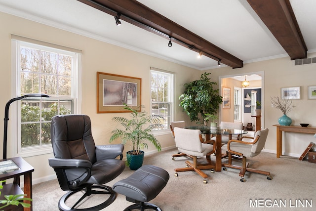 carpeted dining area with visible vents, beamed ceiling, rail lighting, and baseboards