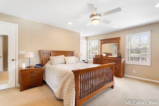 bedroom with recessed lighting, baseboards, a ceiling fan, and light colored carpet