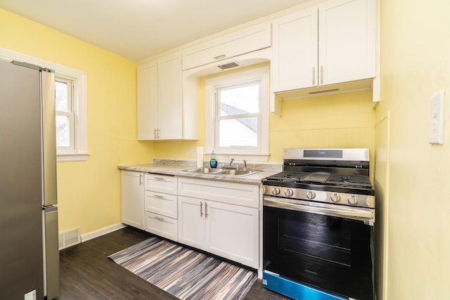 kitchen featuring appliances with stainless steel finishes, a wealth of natural light, white cabinets, and a sink