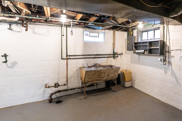 basement featuring a sink and electric panel