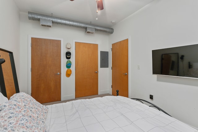 bedroom featuring electric panel and ceiling fan