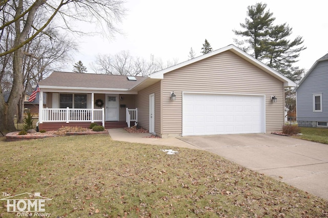 ranch-style house with an attached garage, covered porch, concrete driveway, and a front yard