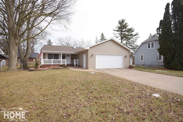 single story home with a garage, driveway, a porch, fence, and a front lawn