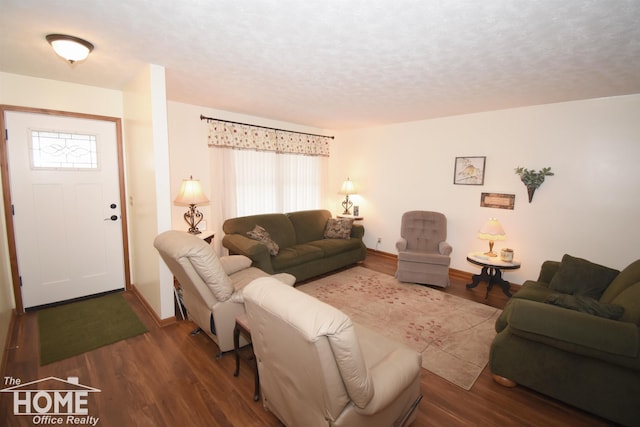 living room featuring a textured ceiling, wood finished floors, and baseboards