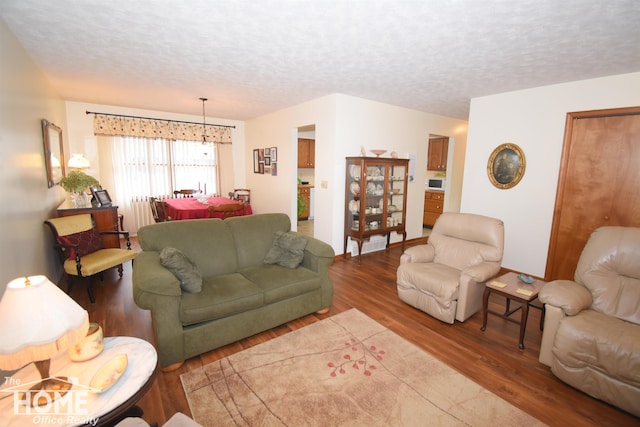 living room with a textured ceiling and wood finished floors