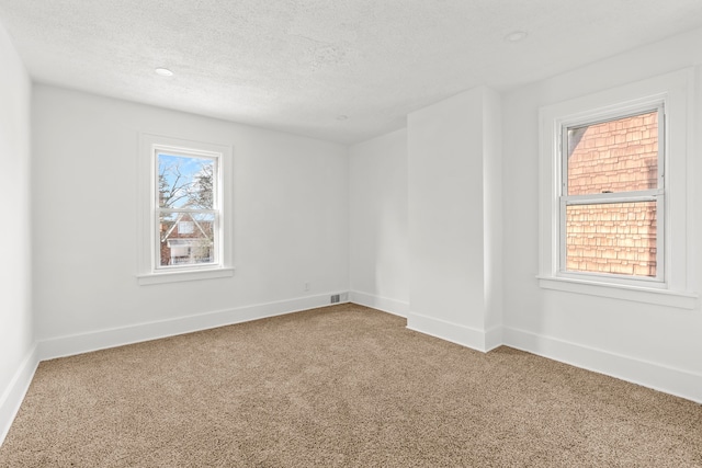 spare room with carpet floors, a wealth of natural light, a textured ceiling, and baseboards