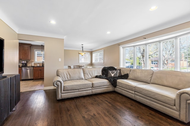 living room featuring recessed lighting, plenty of natural light, and dark wood-type flooring