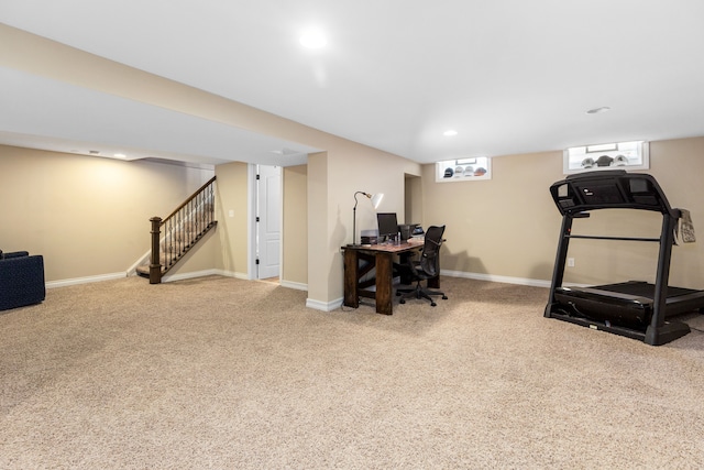 carpeted home office featuring recessed lighting and baseboards