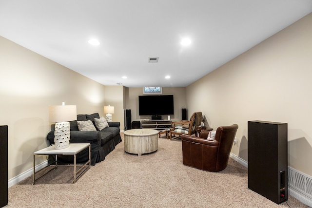 living room featuring carpet flooring, recessed lighting, baseboards, and visible vents