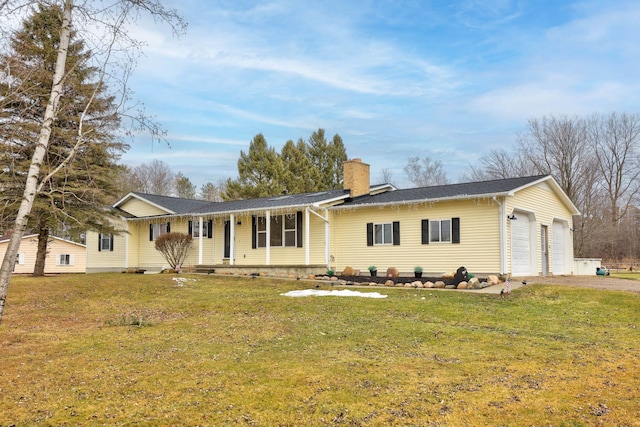 single story home featuring a front lawn, a garage, aphalt driveway, and a chimney