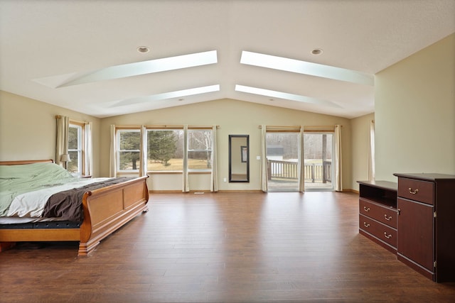 bedroom with baseboards, lofted ceiling with skylight, access to exterior, and dark wood-style flooring