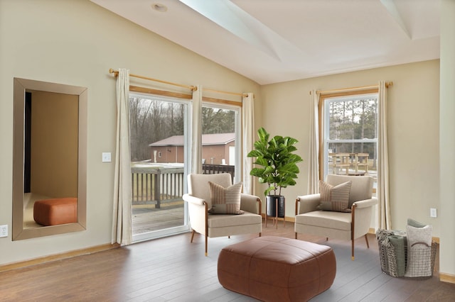 living area featuring vaulted ceiling, plenty of natural light, and wood-type flooring