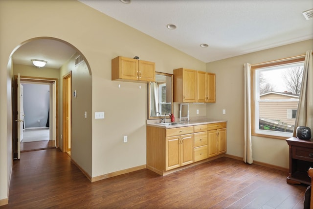 kitchen featuring light brown cabinetry, a sink, dark wood-style floors, arched walkways, and light countertops