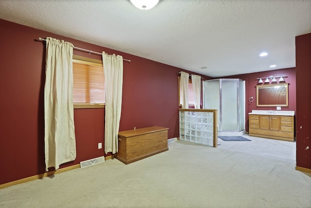 carpeted bedroom featuring visible vents, a sink, a textured ceiling, recessed lighting, and baseboards