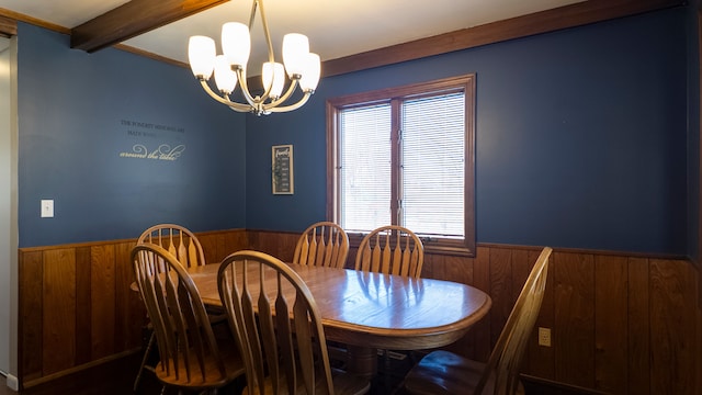 dining area featuring beam ceiling, a wainscoted wall, a chandelier, and wooden walls