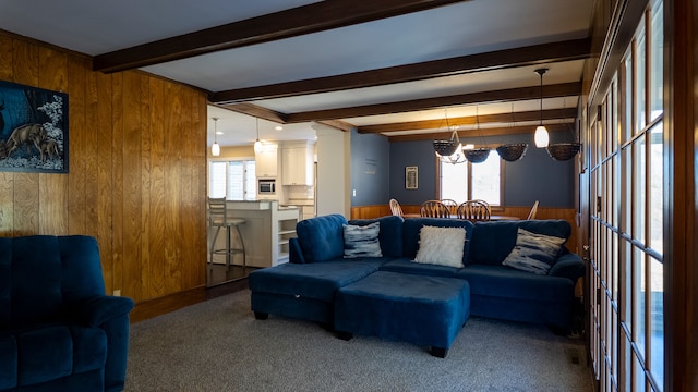 living room with wooden walls, plenty of natural light, and beamed ceiling