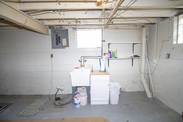 below grade area featuring a wealth of natural light, a sink, and electric panel