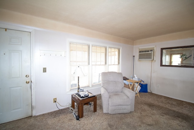 living area with carpet floors, a wealth of natural light, and a wall mounted AC