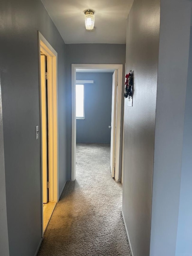 hallway featuring light colored carpet