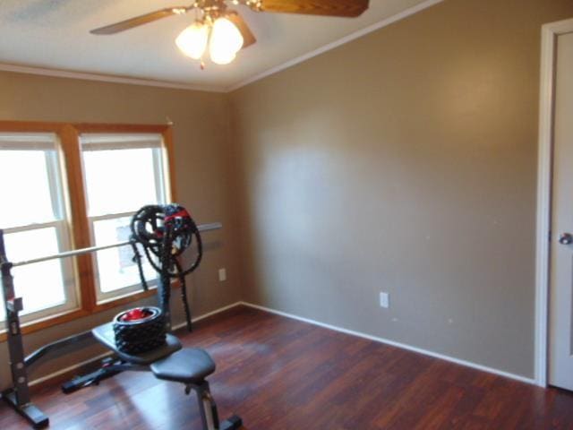 exercise room with ornamental molding, a healthy amount of sunlight, and wood finished floors