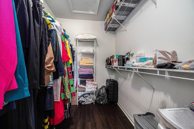 spacious closet with attic access and wood finished floors