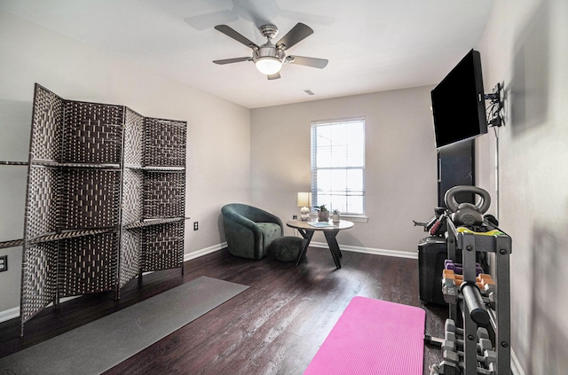 interior space with ceiling fan, visible vents, baseboards, and wood finished floors