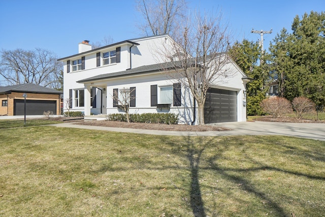 view of front facade featuring a garage, driveway, a chimney, and a front yard