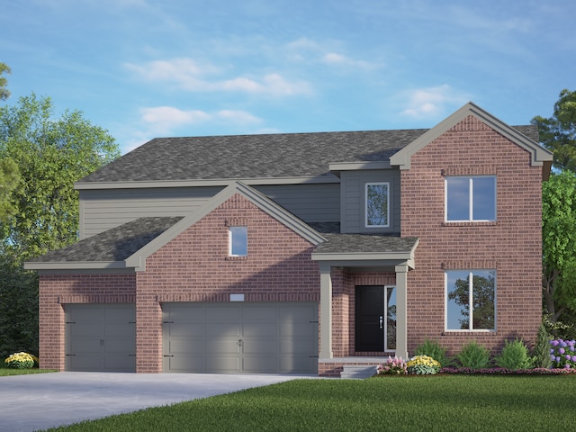 traditional-style home featuring brick siding, a shingled roof, a front lawn, concrete driveway, and a garage