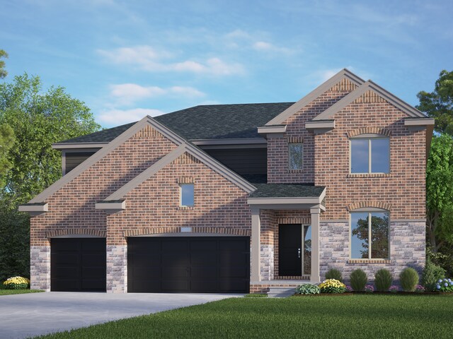 traditional-style house featuring brick siding, stone siding, driveway, and roof with shingles