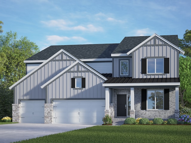 modern farmhouse featuring board and batten siding, a garage, and a shingled roof