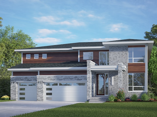 view of front of home with stone siding, driveway, an attached garage, and a front lawn