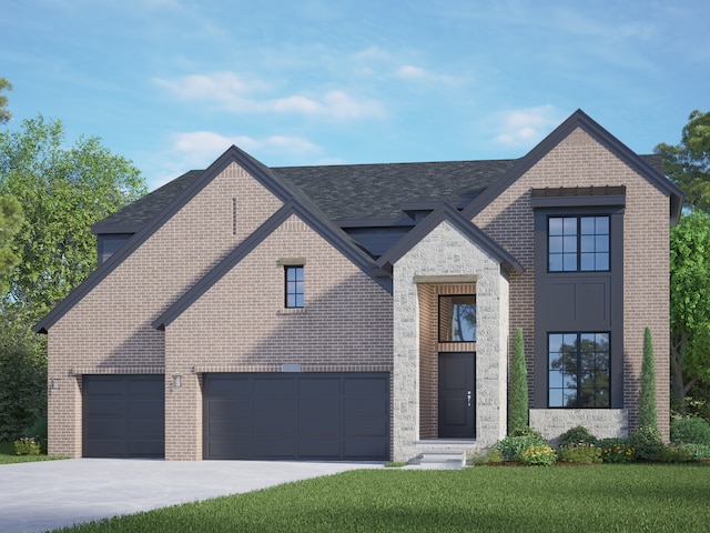 view of front of house featuring a front lawn, brick siding, driveway, and a shingled roof