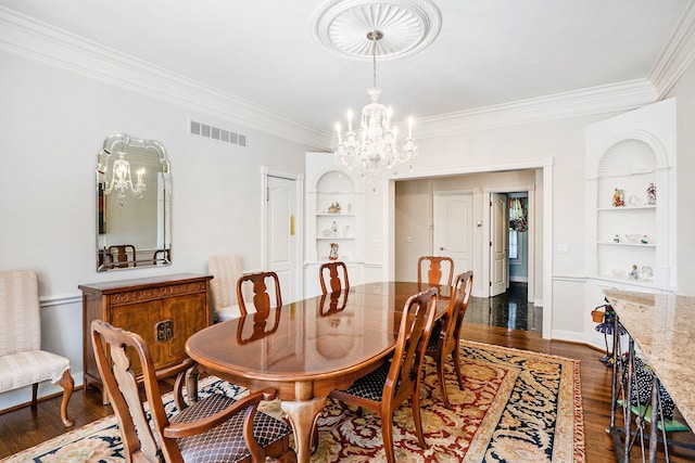 dining room with built in shelves, visible vents, and dark wood finished floors