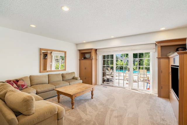 living area with a textured ceiling, carpet floors, and plenty of natural light