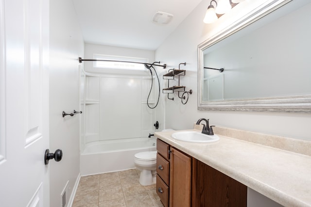 bathroom with tile patterned floors, washtub / shower combination, toilet, and vanity