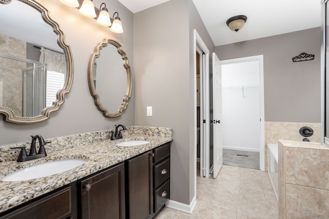 full bathroom with a sink, a shower stall, a spacious closet, and double vanity