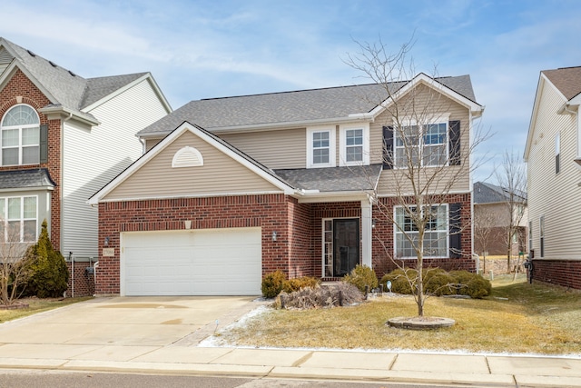 traditional home featuring a front yard, brick siding, driveway, and a shingled roof